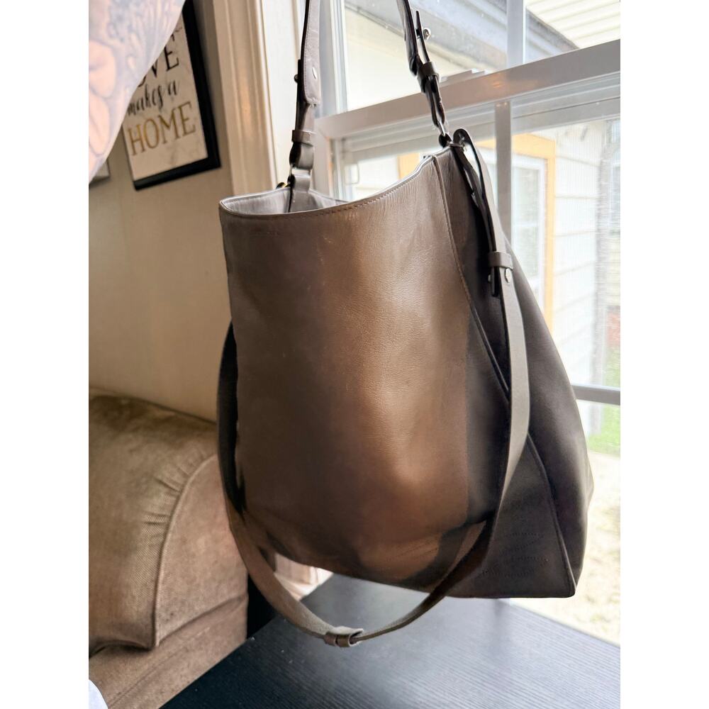 AllSaints Leather Hobo Bag Taupe Gray Large Shoulder Bag Minimalist Slouchy Tote